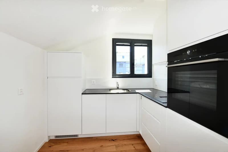 Modern kitchen with white cabinets, black countertop, stainless steel sink, and built-in oven. Features wooden flooring and large windows.