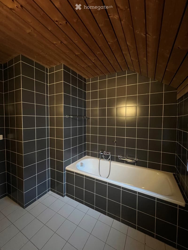 Modern bathroom with dark tiled walls and a white bathtub, featuring a sleek faucet and a wooden slanted ceiling.