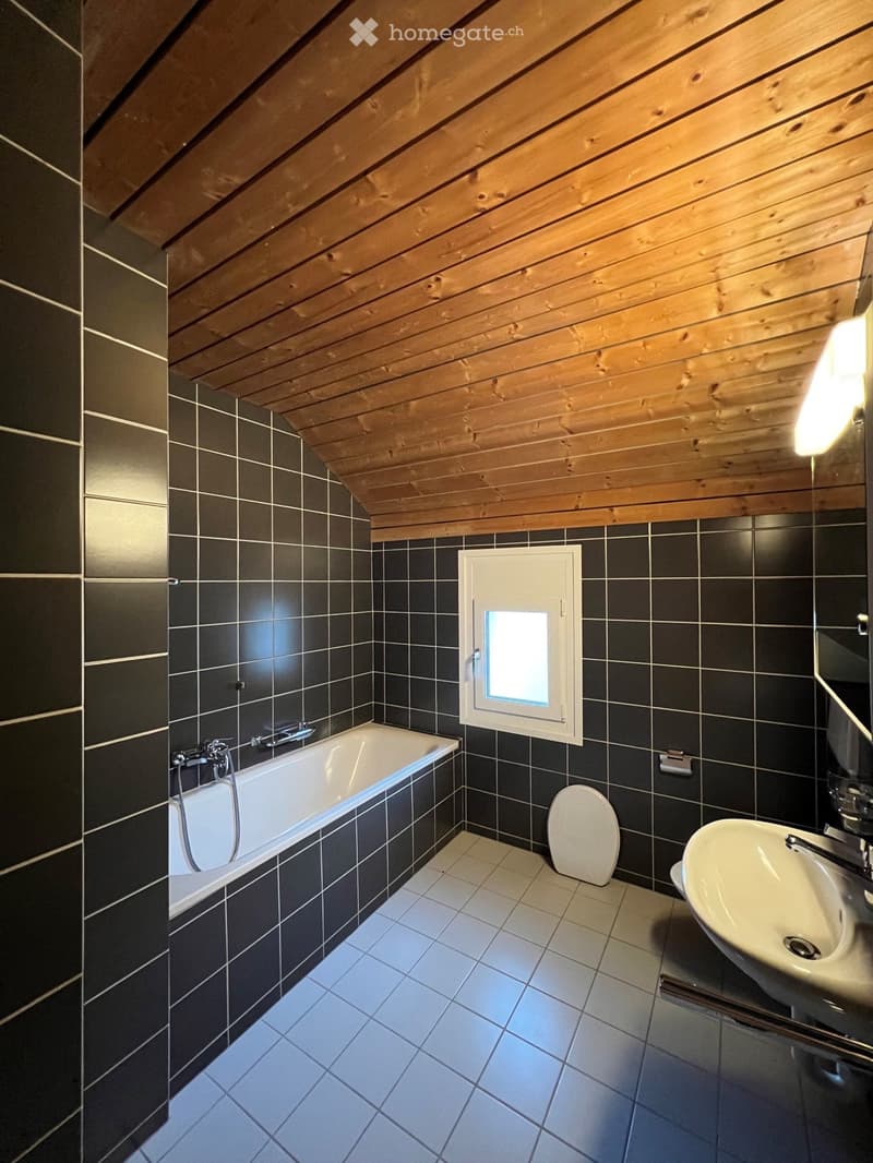 Modern bathroom with dark tiled walls, a bathtub, a toilet, a sink, and a small window.