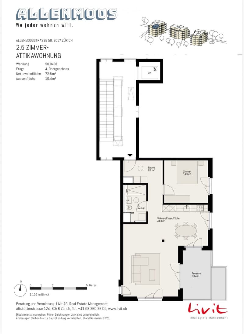 Floor plan of a 2.5-room attic apartment with living/dining/kitchen area, bedroom, entrance, and terrace.