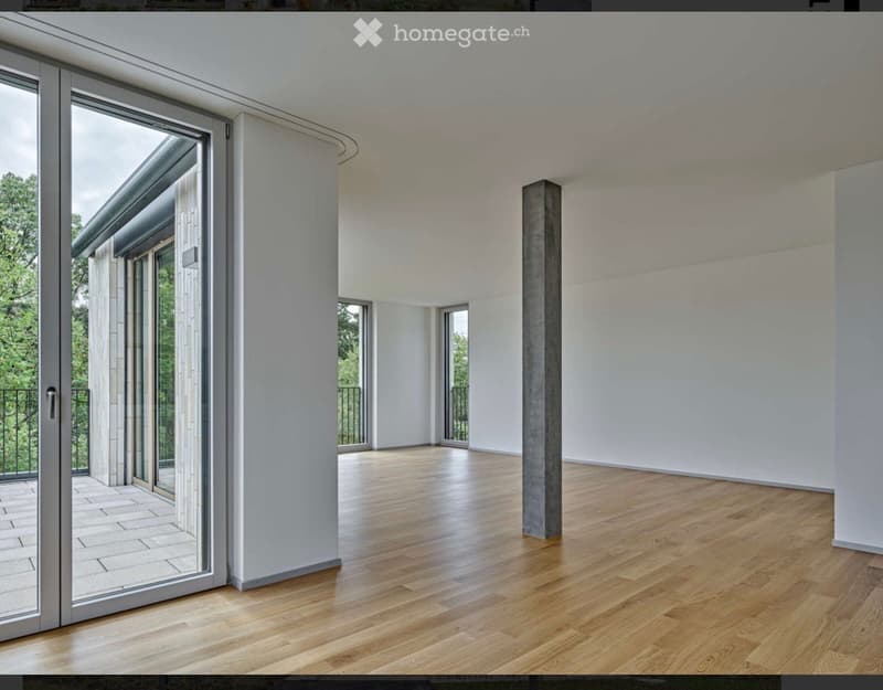 Empty room with wooden flooring, white walls, large sliding glass doors leading to a balcony, and a concrete pillar in the center.