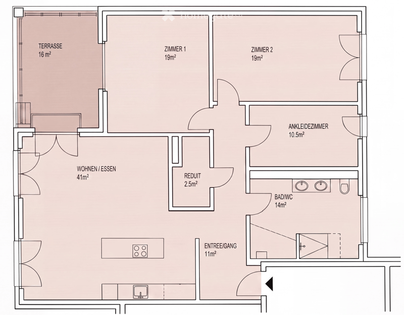 Floor plan showing a 2-room apartment with a living/dining area, two bedrooms, a bathroom/WC, a dressing room, a small closet, and a terrace.