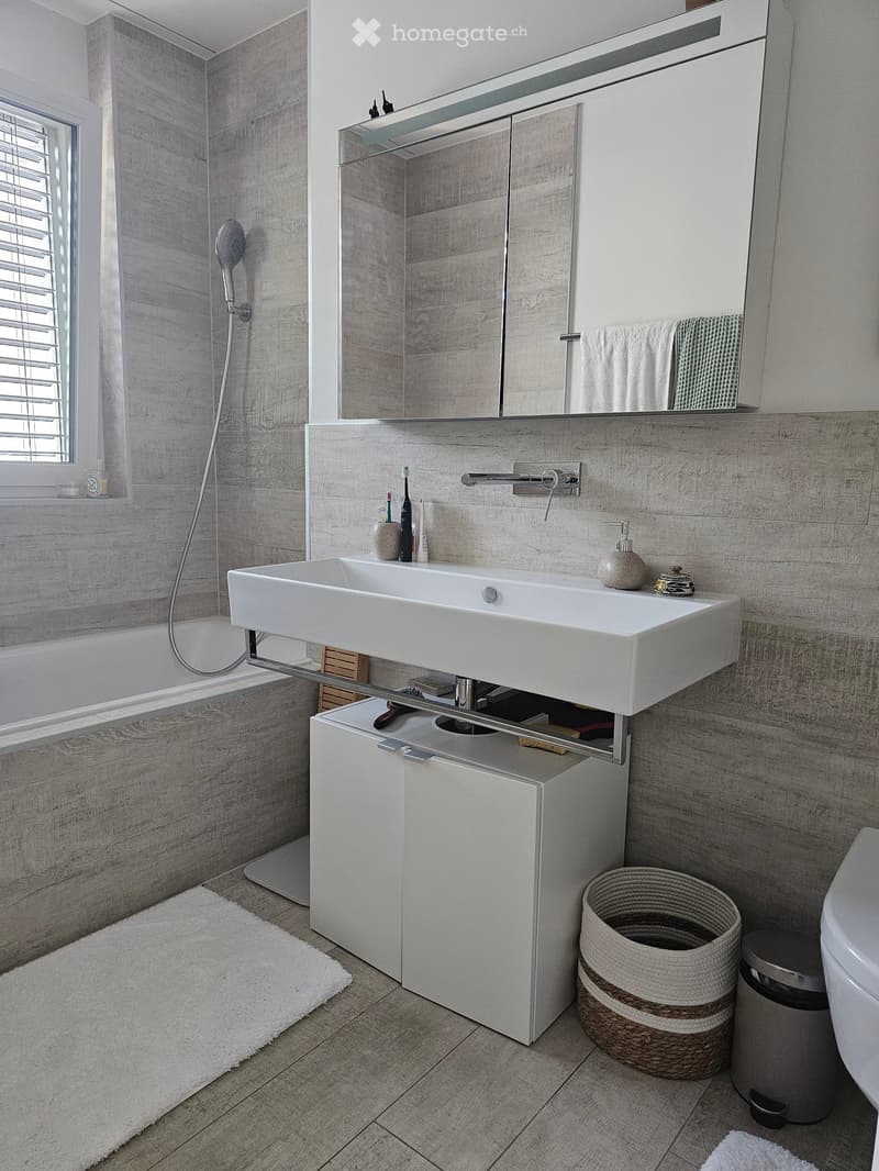 Modern bathroom with a white sink, large mirror, built-in cabinet, and a shower area. Features include a wooden floor, grey tiled walls, and a wicker basket on the floor.
