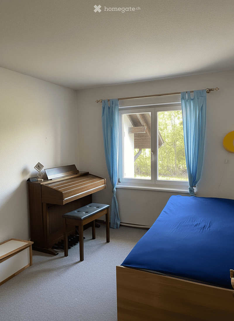 room with piano, bench, bed and window with view