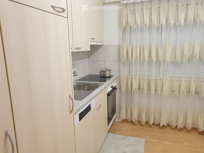 Modern kitchen with white cabinets, stainless steel sink, oven, stove, and a pot on the stove. Light-colored curtains cover the window, and a small white rug is on the wooden floor.