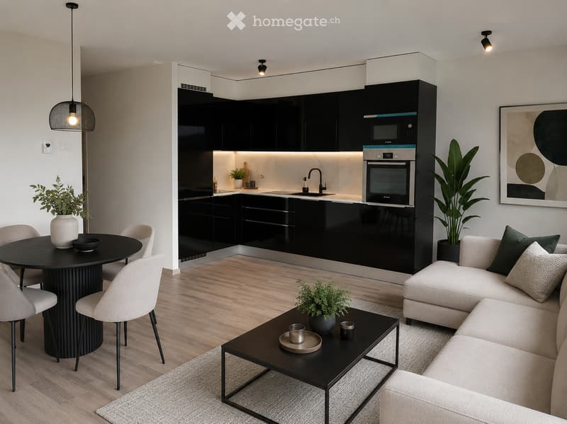 Modern open-plan living and dining area with a light grey sofa, black coffee table, round black dining table with four chairs, sleek black kitchen cabinets, and built-in appliances.