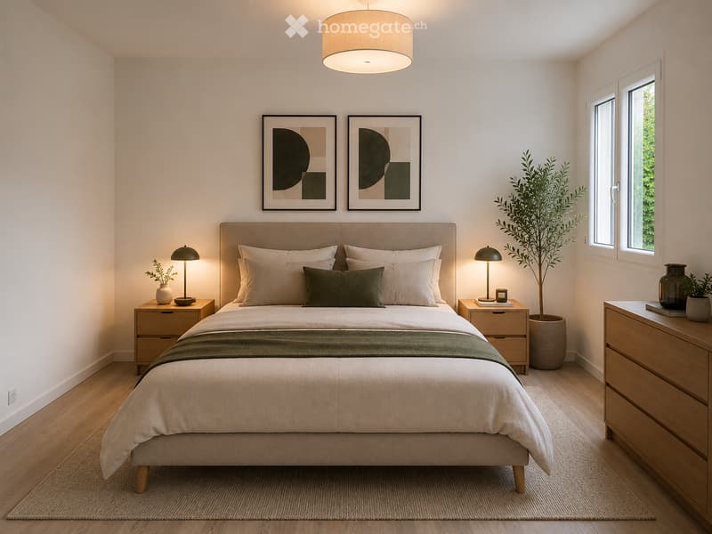 Modern bedroom with a large bed, nightstands, lamps, and decorative plants. The room features light wood flooring, white walls, and large windows with a view of greenery.