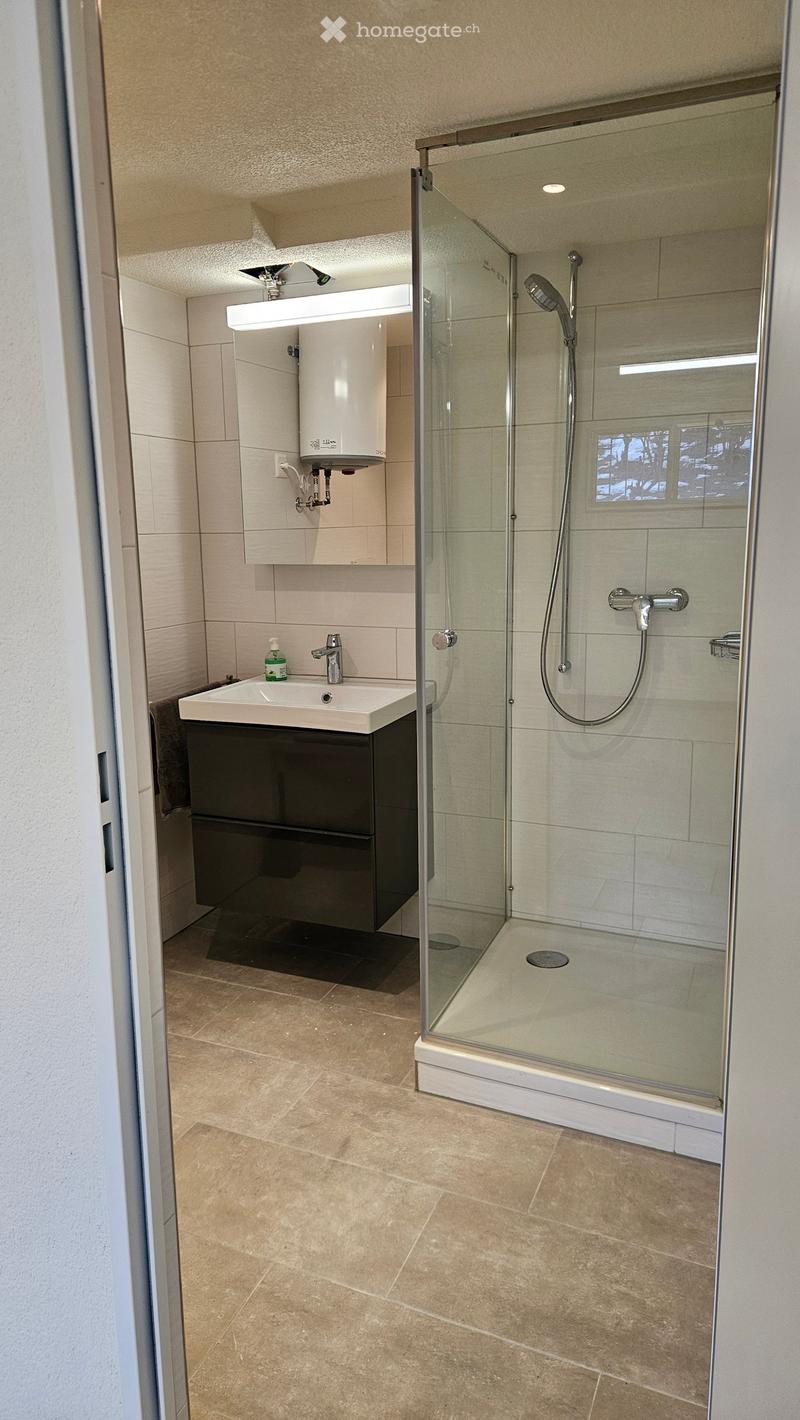 modern bathroom with glass shower enclosure, white tiled walls, white sink, black cabinet, white toilet