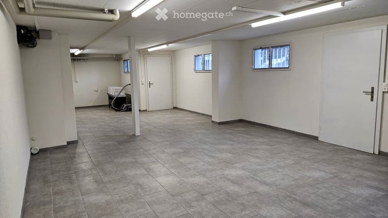 Garage: tile flooring, white walls, doors, windows, and ceiling lights.