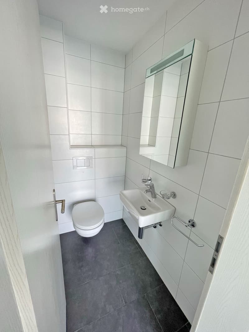 Modern bathroom with white tiled walls, a toilet, a sink with a modern faucet, a large mirror, and a towel rack.