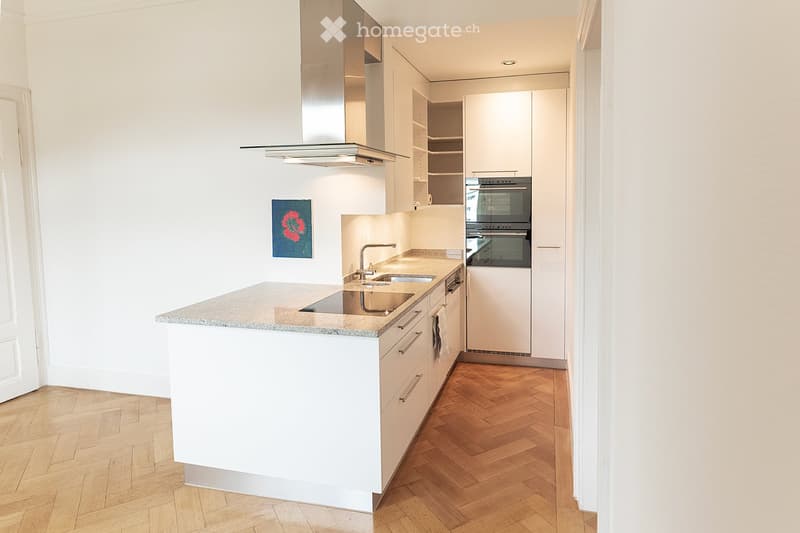 Modern kitchen with white cabinets, granite countertop, stainless steel sink and faucet, built-in oven, and a range hood. Wooden herringbone flooring and a small painting on the wall.