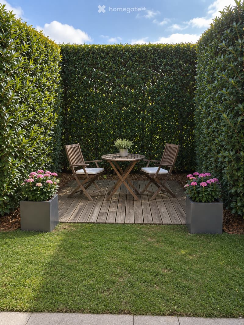 A well-maintained garden with a wooden deck, two folding chairs, a small table, and potted plants, surrounded by neatly trimmed hedges and a lawn.