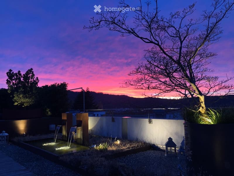 Outdoor area with a water feature, a tree, and a wall with a sunset view