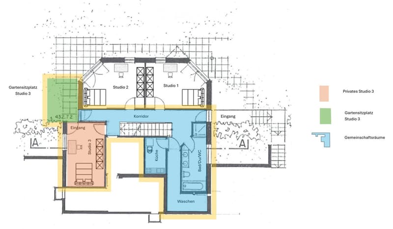 Floor plan showing three studios, a shared kitchen, a bathroom/WC, a laundry area, a corridor, and a garden seating area.