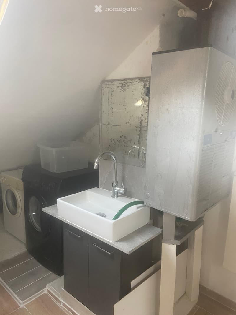 Bathroom with a white sink, faucet, mirror, and washing machine. The sink has a green soap dish, and the mirror is slightly worn.