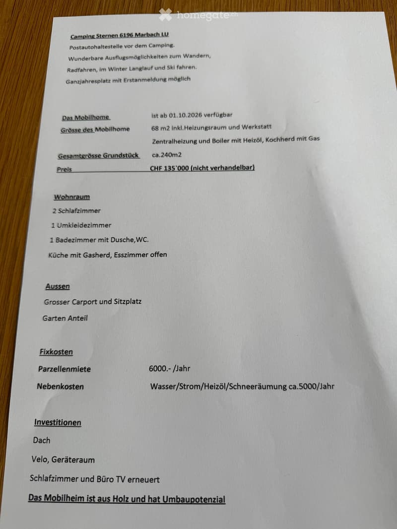 Document detailing a mobile home listing, including size, features, and costs.