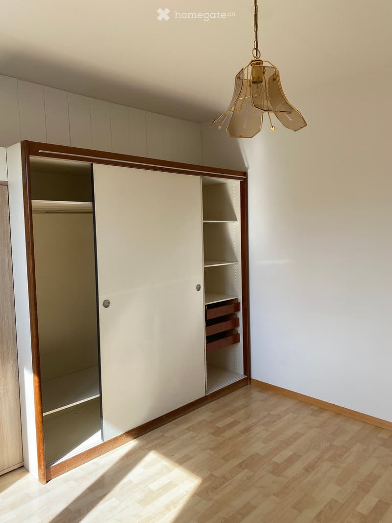 Empty room with light wooden flooring, white walls, built-in closet with mirrored doors, and a hanging light fixture.
