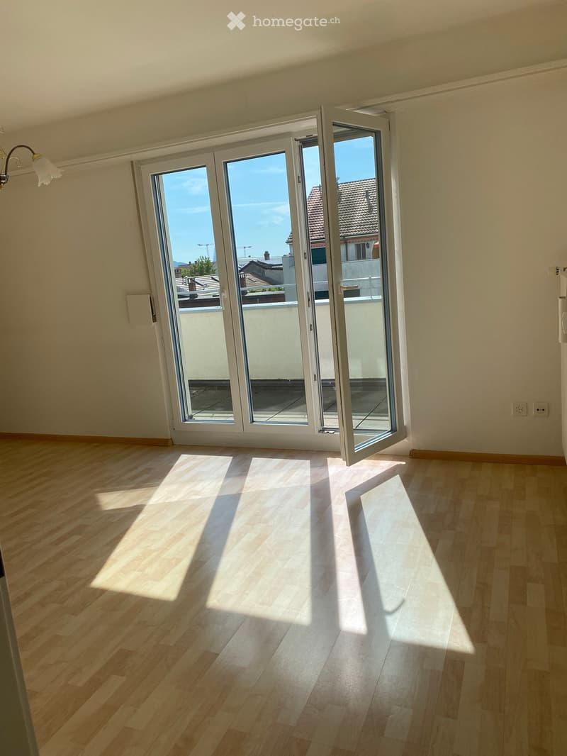 Empty room with light wooden flooring and large sliding glass doors leading to a balcony or terrace. Sunlight streams in, casting shadows on the floor.