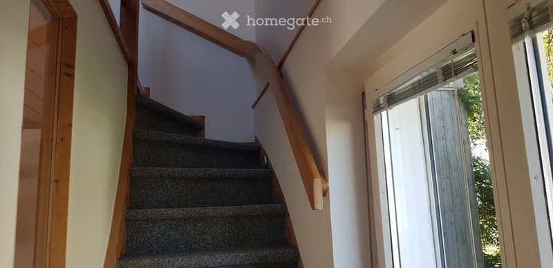 Spiral staircase with wooden handrail and carpeted steps, leading to an open doorway with a glass panel.