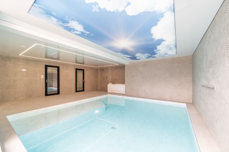 Modern indoor pool area with a large skylight showing a blue sky and clouds, featuring a rectangular swimming pool, a bathtub, and glass doors leading to another space.