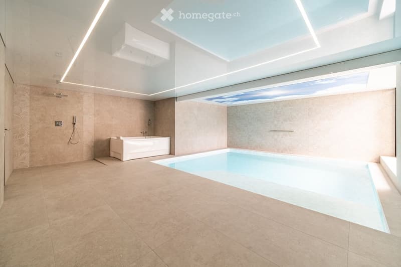 Modern bathroom with a bathtub, shower, and skylight windows providing natural light.