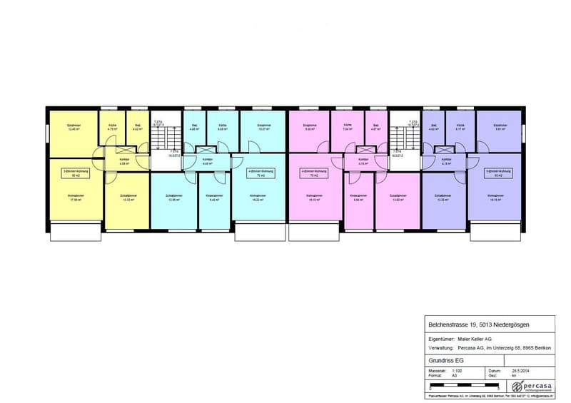 Floor plan of a multi-unit residential building with multiple apartments, each featuring bedrooms, bathrooms, kitchens, and living spaces.