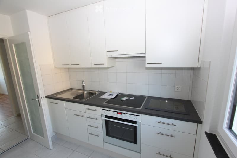 Modern kitchen with white cabinets, black countertops, stainless steel sink, and built-in oven and induction cooktop.