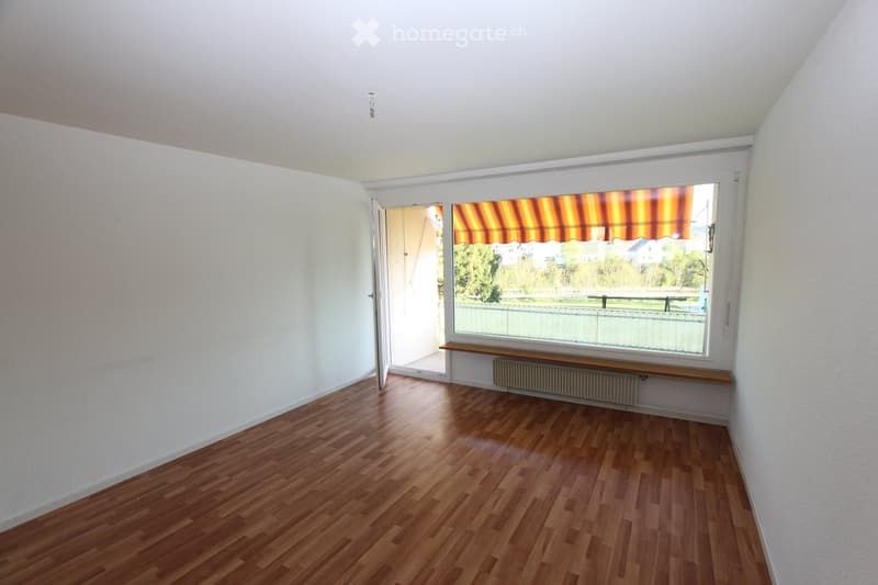 Empty room with wooden flooring, white walls, large window with striped awning, radiator, and open doorway leading to another space.