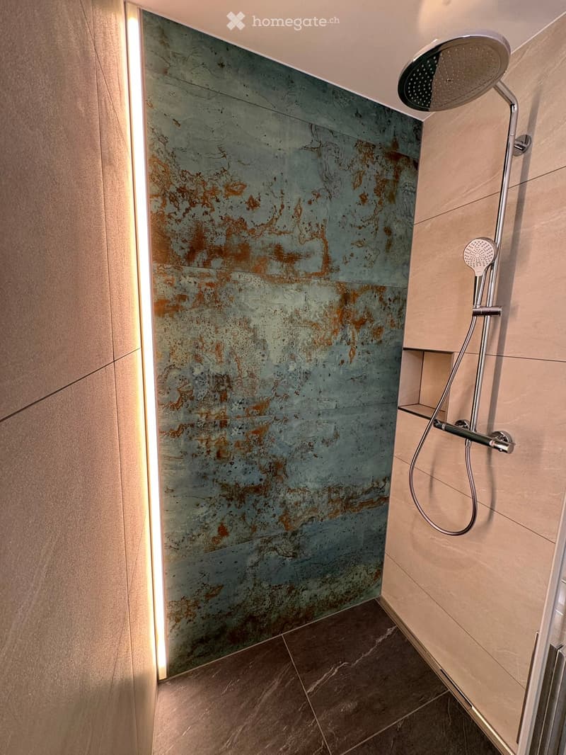 Modern bathroom shower area with a sleek, metallic showerhead and hose, mounted on a wall with a textured, two-tone tile design in green and brown.
