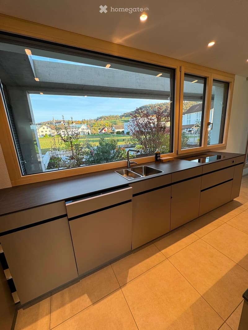 Modern kitchen with large windows offering a scenic view, featuring a sink, faucet, dishwasher, and a bottle on the counter.
