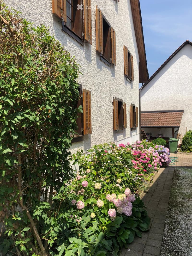 A well-maintained garden with colorful flowers and shrubs borders a pathway leading to a house with wooden shutters and a tiled roof.