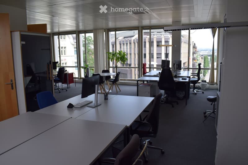 Office space with multiple desks, chairs, computer screens, keyboards, and a potted plant near the windows.