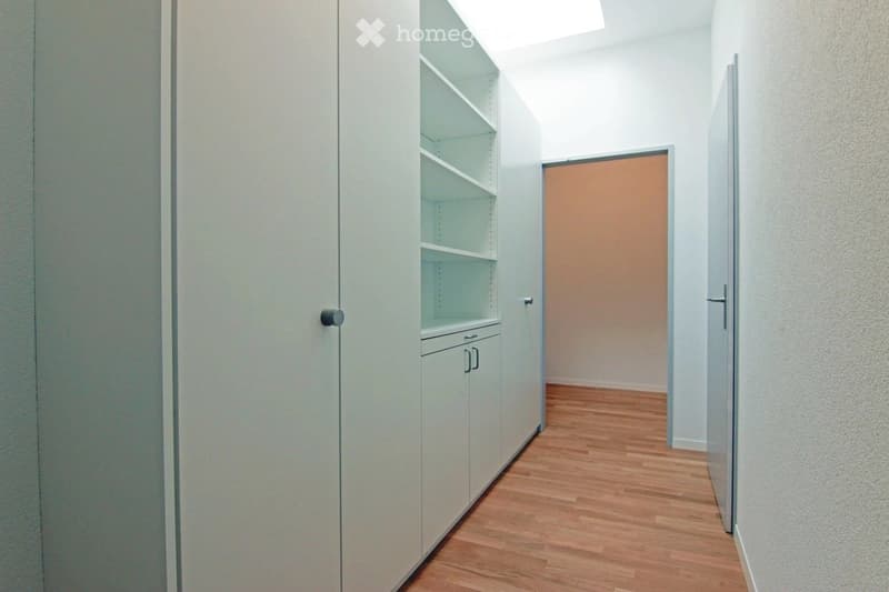 A narrow hallway with light-colored walls, wooden flooring, and built-in white shelving units on one side. A closed door is visible at the end of the hallway.