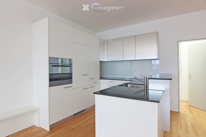 Modern kitchen with white cabinetry, black countertop, stainless steel sink, and built-in oven.