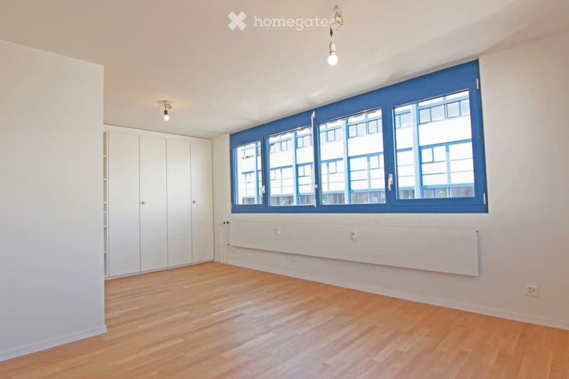 Empty room with wooden flooring, white walls, large windows with blue frames, built-in white closet, and radiator.