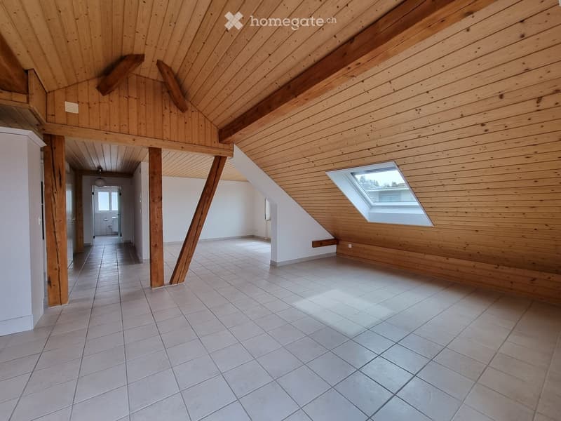 empty room, wooden walls and ceiling, tiled floor, window, skylight, hallway