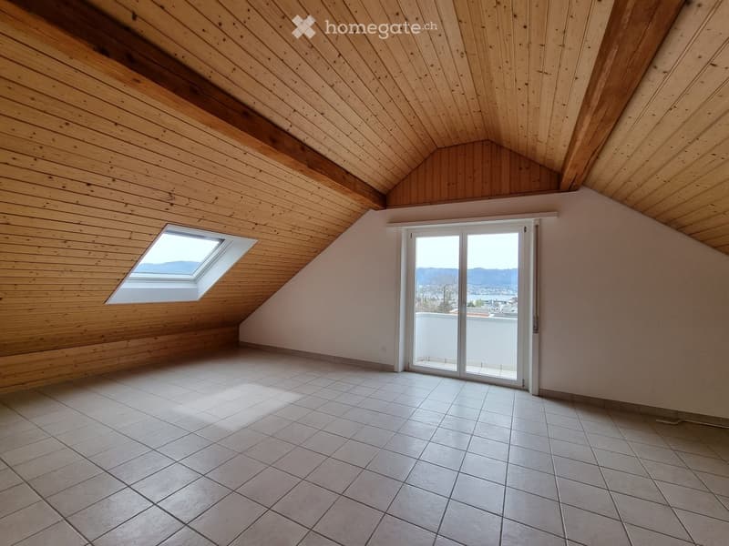 empty room with slanted ceiling, sliding door leading to a balcony, a window, and a skylight