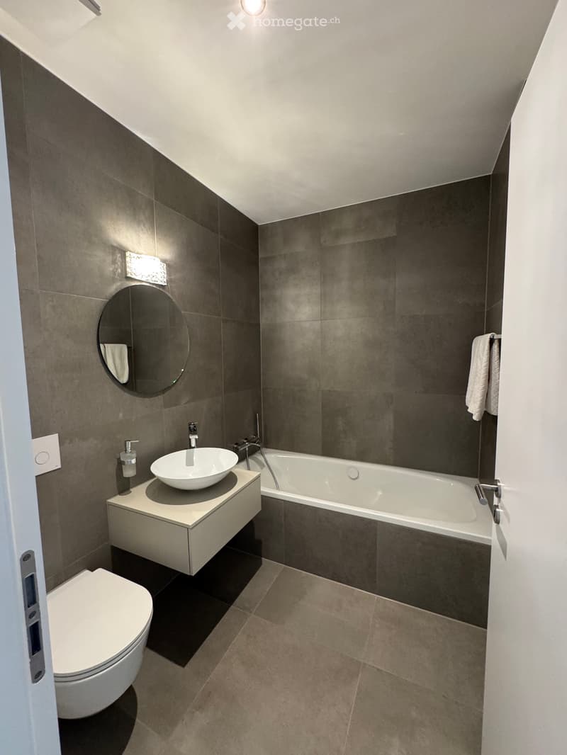 Modern bathroom with a sleek sink, bathtub, toilet, and a round mirror with built-in lighting. The walls are covered in dark grey tiles, and the floor has a light beige tile finish.