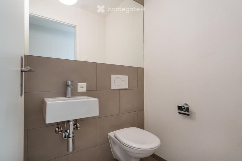 Modern bathroom with a white sink, chrome faucet, toilet, and a large mirror above the sink. The walls are tiled in a combination of light grey and brown tiles.