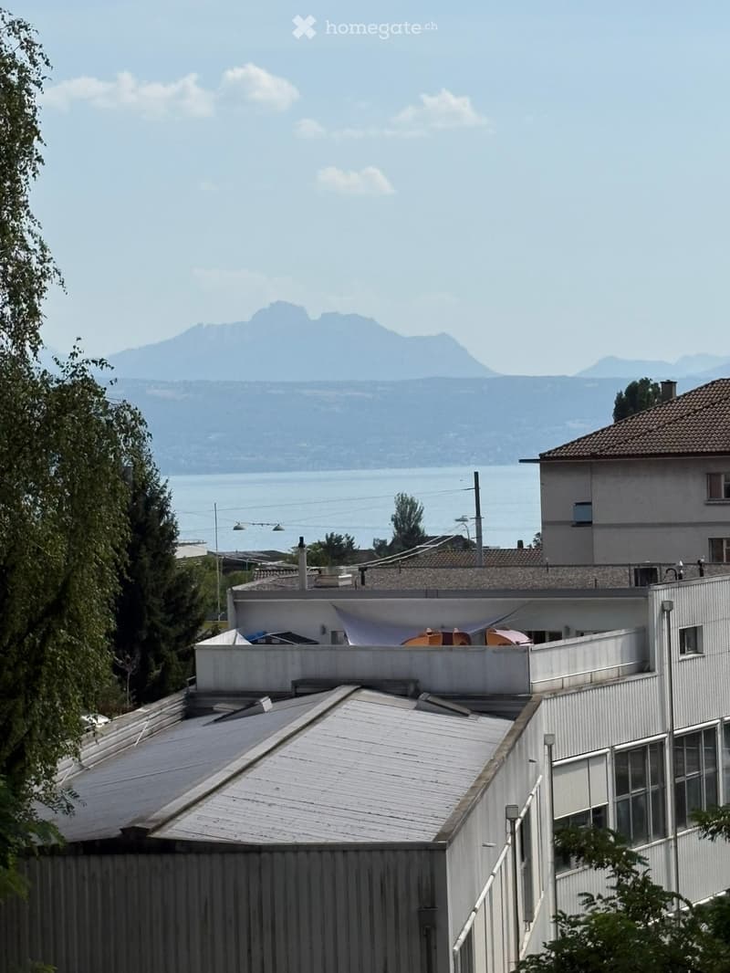Roof tops of buildings with a scenic view of mountains and a lake in the background.