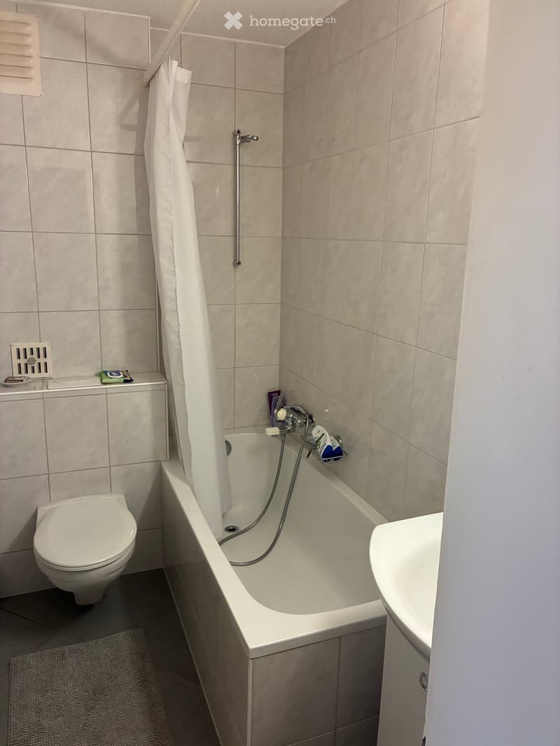 Modern bathroom with a bathtub, toilet, sink, and shower area with a curtain. Beige tiles and a grey rug are visible.