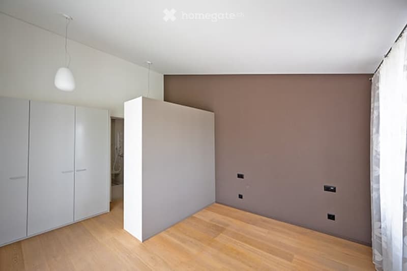 Empty room with light wooden flooring, white walls, built-in white closet, and a white partition. No furniture or personal items are present.