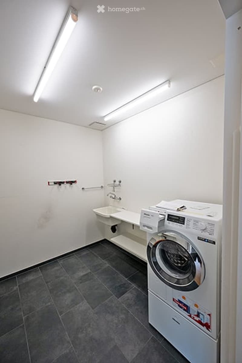 Clean, modern bathroom with a washing machine, sink, and faucet. The walls are white, and the floor is dark grey tiles.