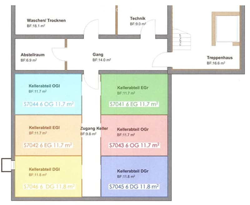 Floor plan of a multi-level building with labeled rooms including wash/dry area, storage room, hallway, technical room, stairwell, and multiple basement apartments with specified floor areas.