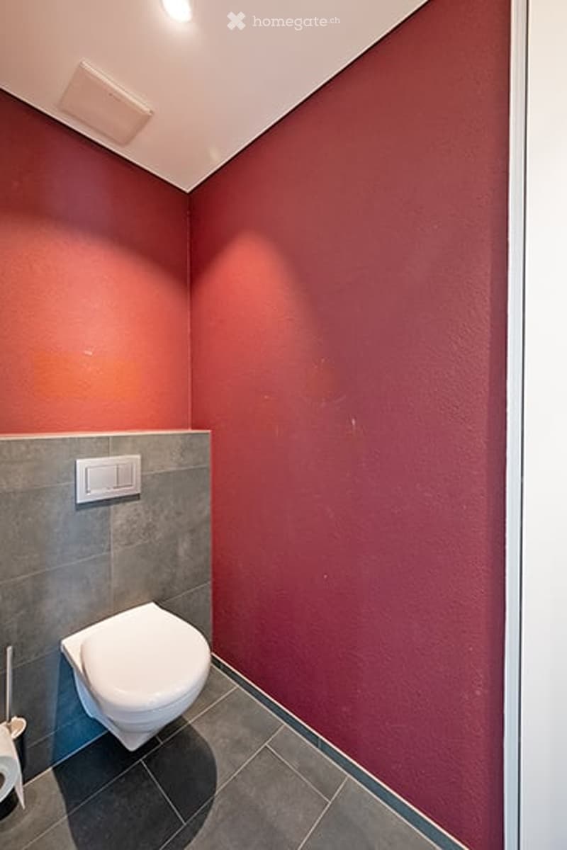 Modern bathroom with red walls, grey tiled lower half, white toilet, and a light switch on the wall.