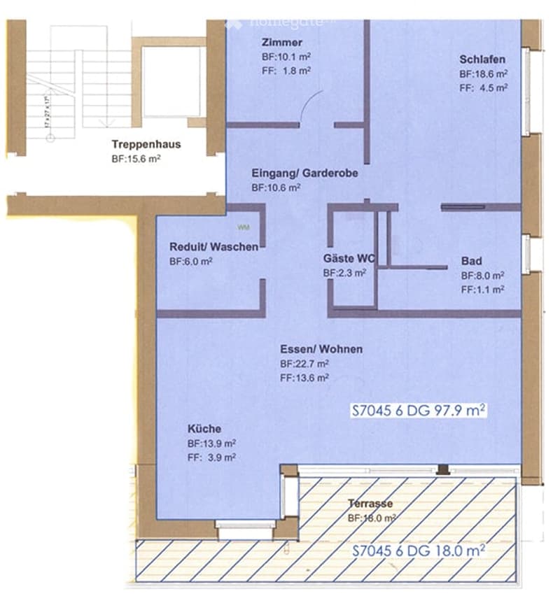 Floor plan of a multi-room apartment including living/dining area, kitchen, bedroom, bathroom, guest WC, hallway, staircase, and terrace.