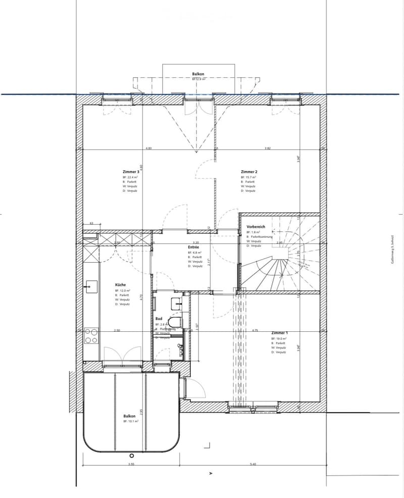 Floor plan of a residential unit showing a kitchen, bathroom, three bedrooms, entrance, and two balconies.