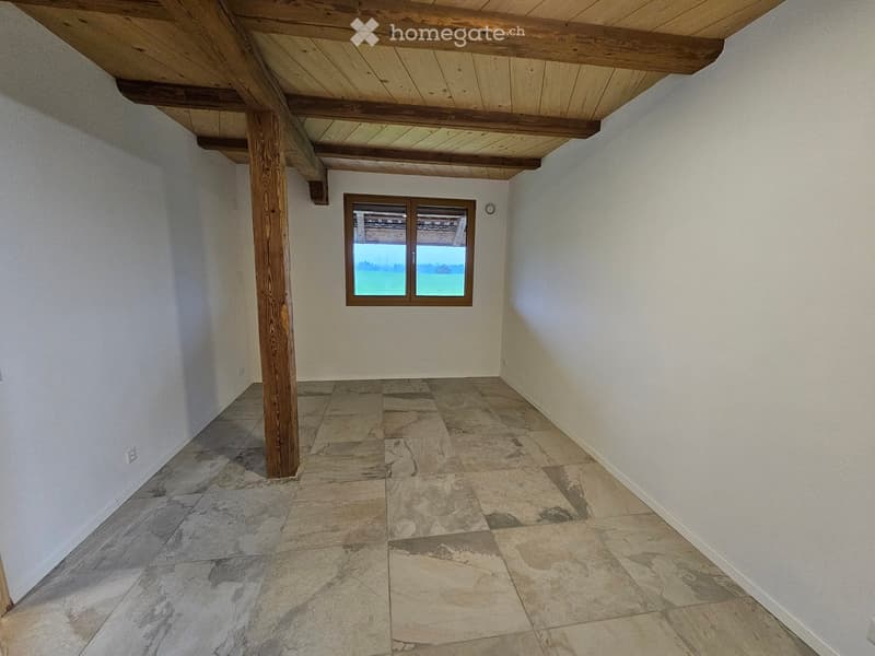 Empty room, wooden beams, tiled floor, window with landscape view