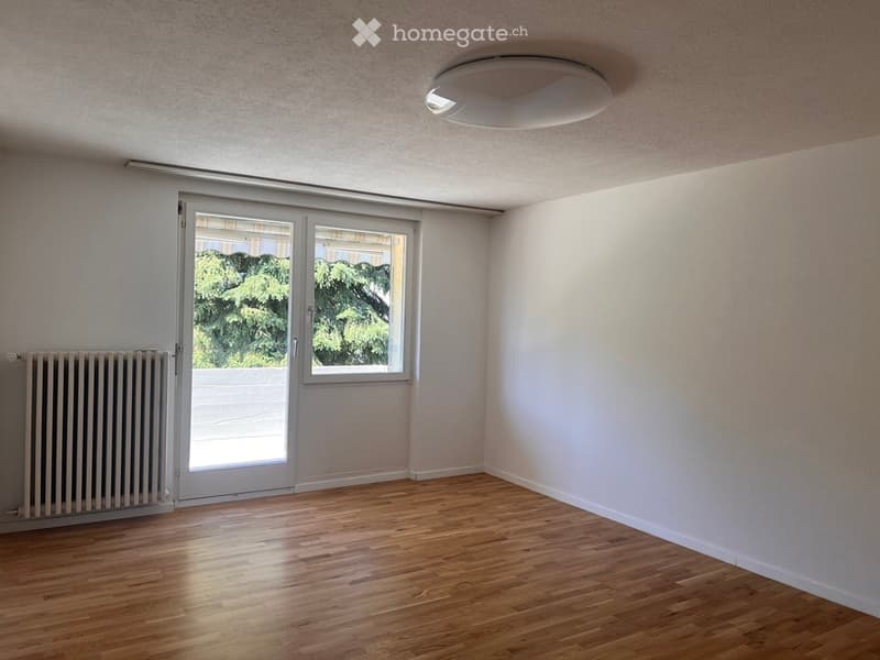Empty room with wooden flooring, white walls, a large window with a sliding door, and a radiator on the left side.