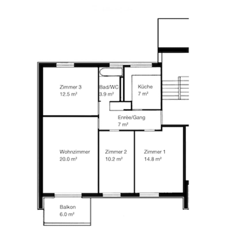 Floor plan of a 2-room apartment with a living room, kitchen, two bedrooms, bathroom, hallway, and balcony.